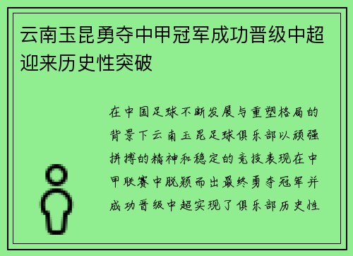 云南玉昆勇夺中甲冠军成功晋级中超迎来历史性突破